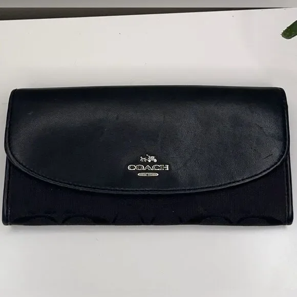 Coach Black Signature Canvas & Leather Wallet Trifold Clutch Organizer - Picture 5 of 14